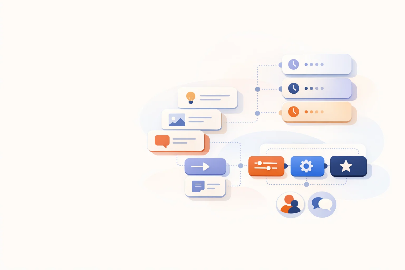 Abstract 2D illustration of modular AI workflow blocks and reusable artifacts.