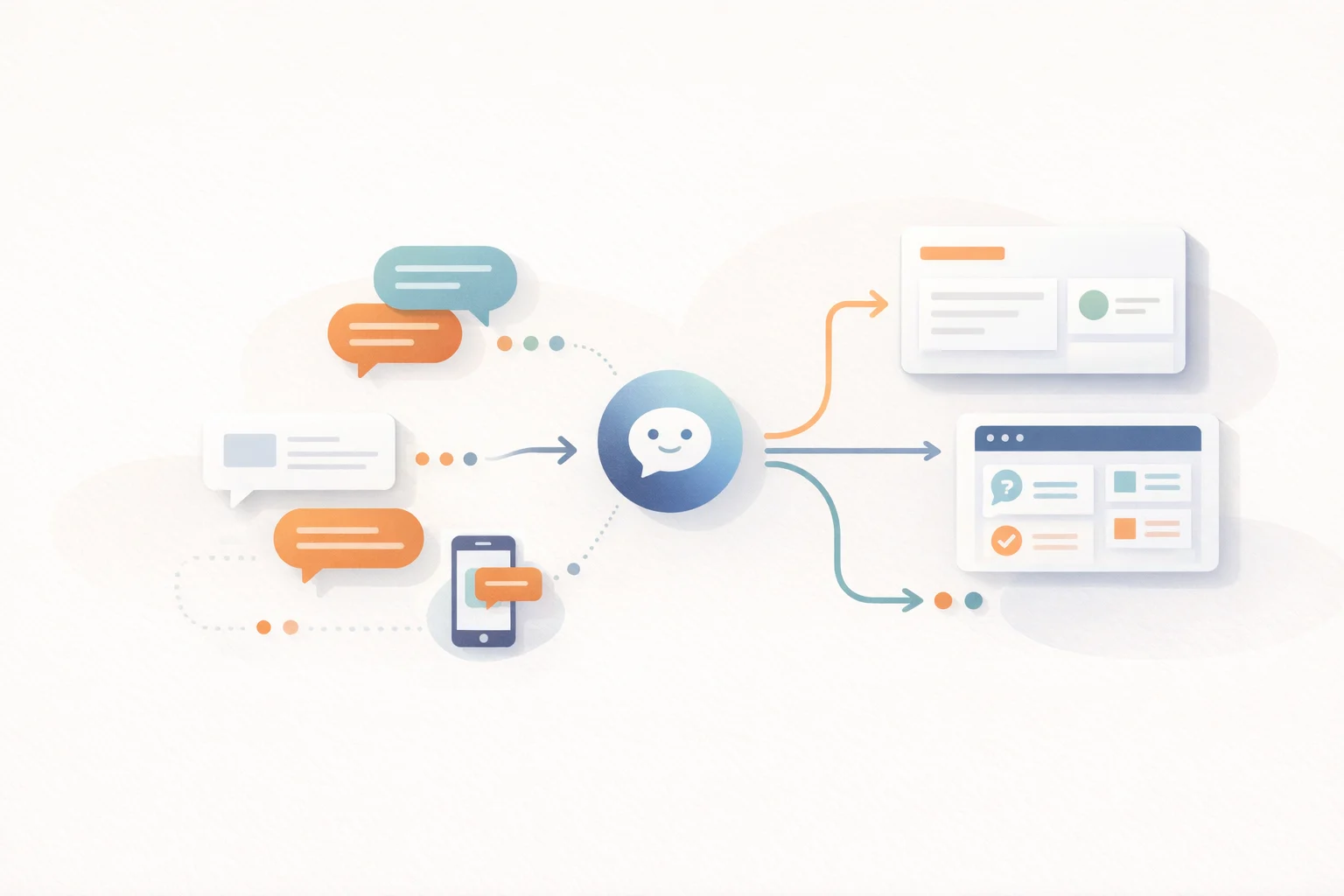 Abstract 2D illustration of omnichannel customer support automation.
