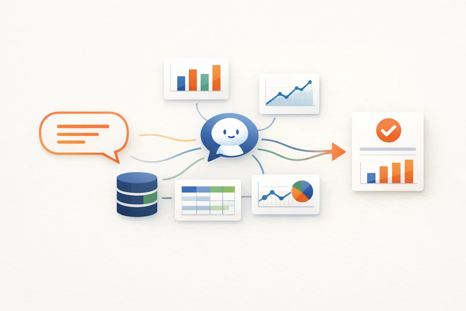 Abstract 2D illustration of a data assistant connecting natural-language queries to charts and reports.