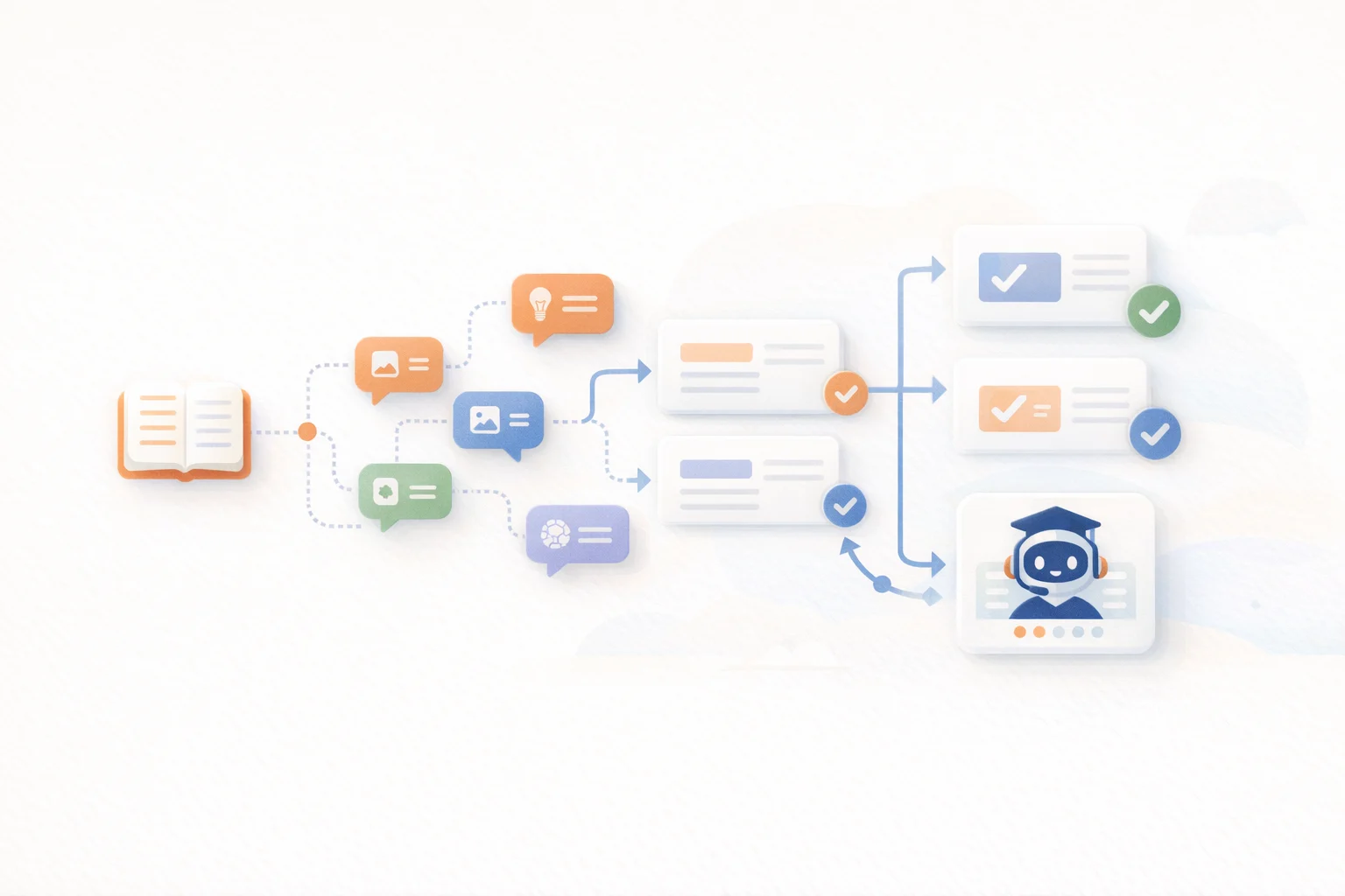 Abstract 2D illustration of guided learning paths and AI tutoring support.
