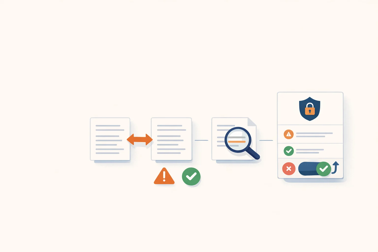 Abstract 2D illustration of contract review and legal risk checks.