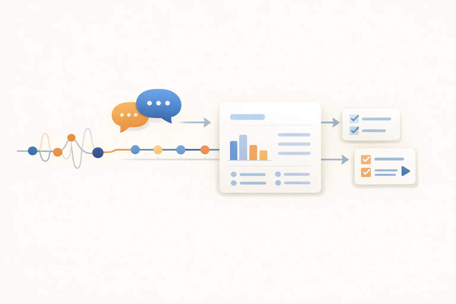 Abstract 2D illustration of live meeting capture and action-item generation.