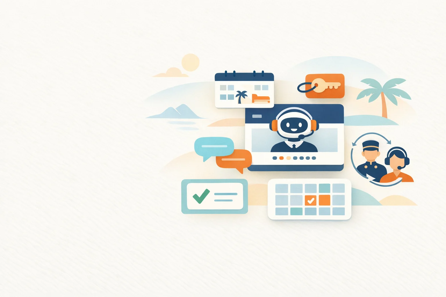 Abstract 2D illustration of hospitality booking and concierge automation.