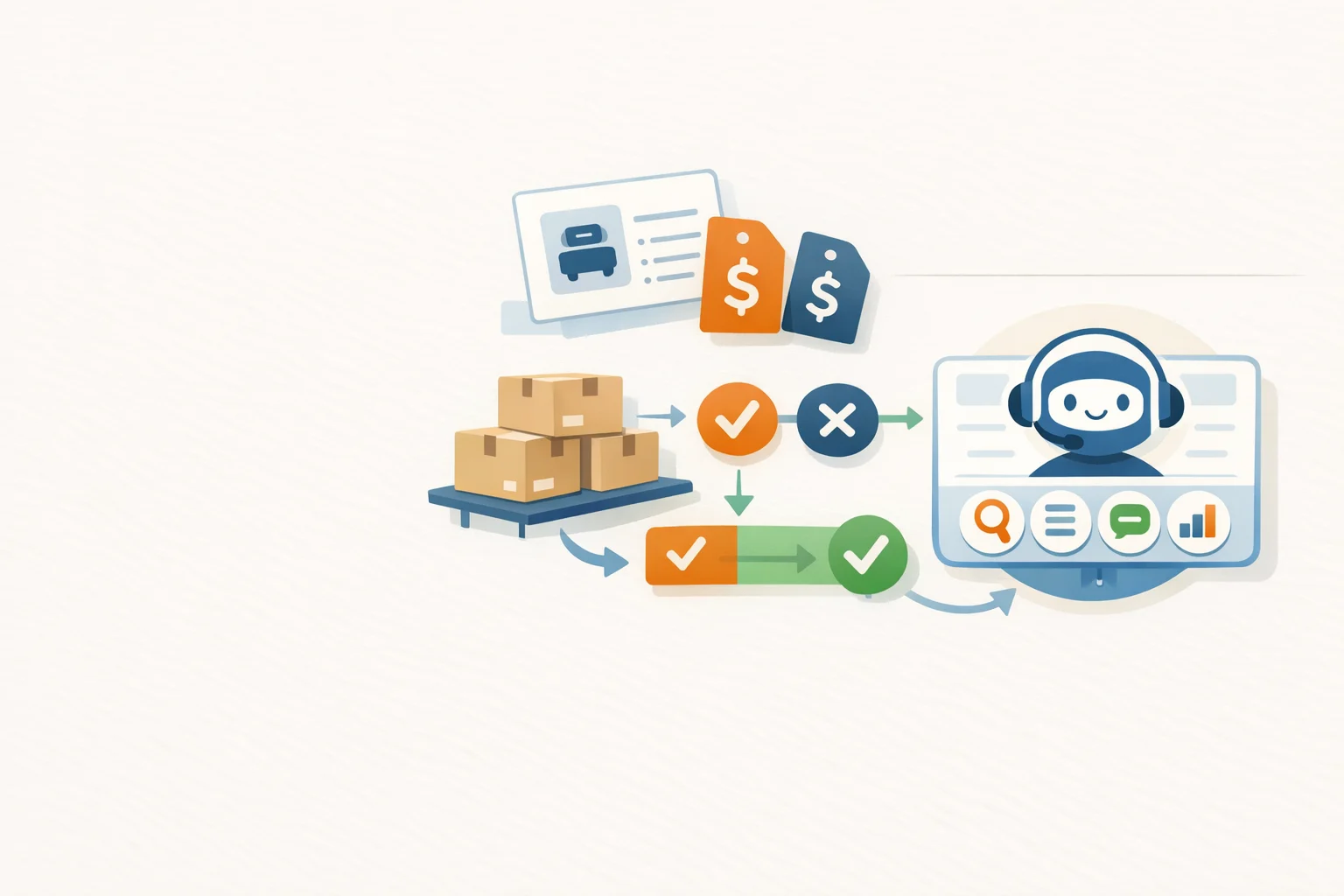 Abstract 2D illustration of sales support workflows for pricing, specs, and inventory.