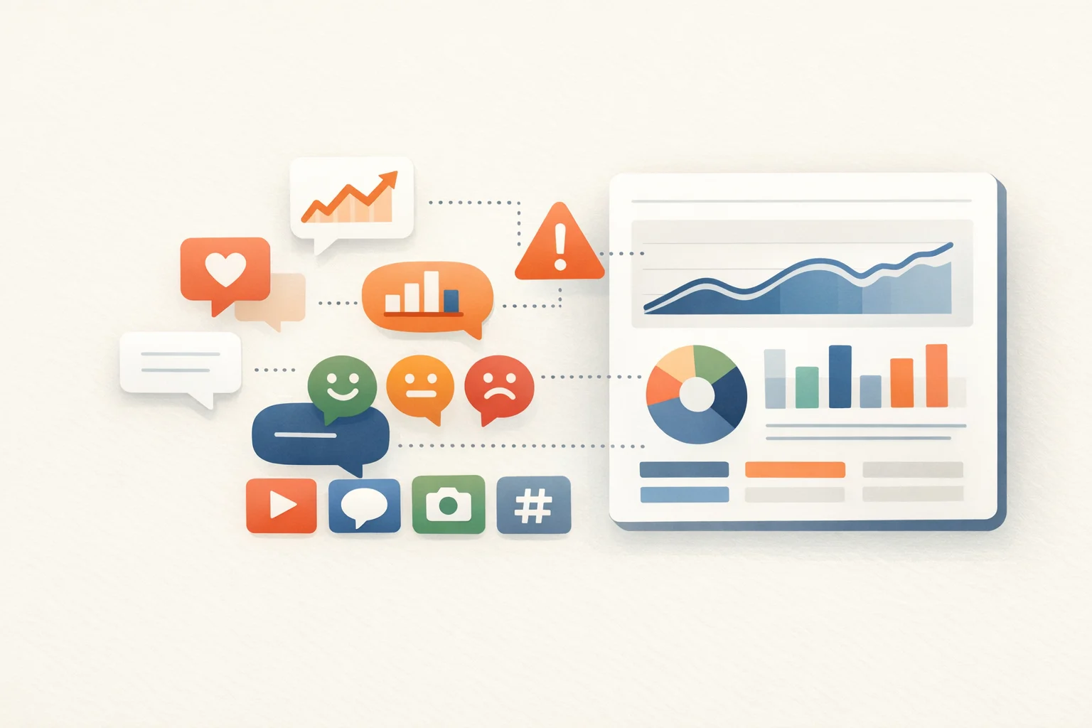 Abstract 2D illustration of monitoring mentions, trend signals, and sentiment.